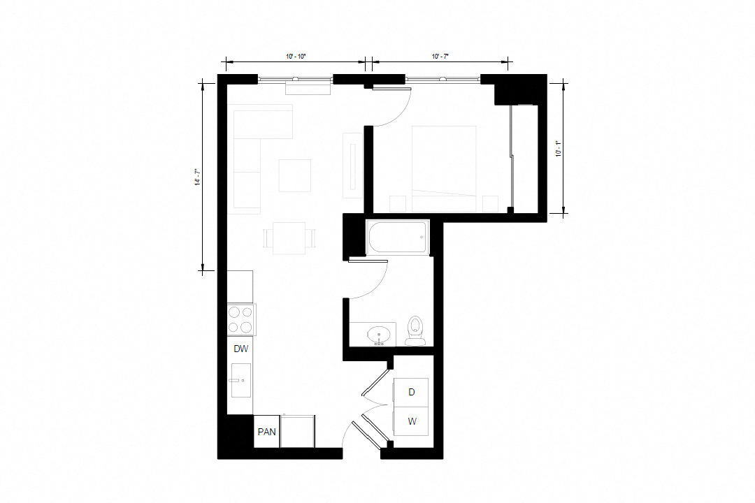 Floor plan for 1 bed, 1 bath, 598 sqft